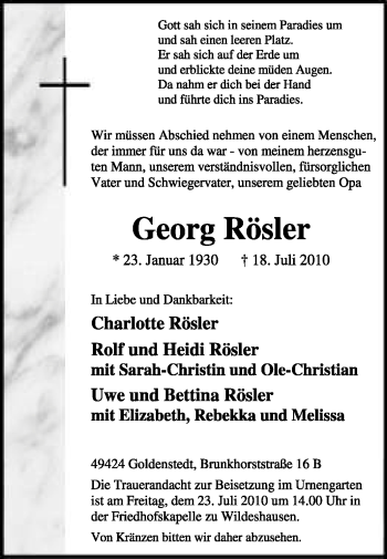 Traueranzeige von Georg Rösler von KREISZEITUNG SYKE