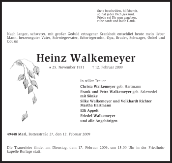 Traueranzeige von Heinz Walkemeyer von KREISZEITUNG SYKE