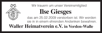 Traueranzeige von Ilse Giesges von KREISZEITUNG SYKE