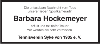 Traueranzeige von Barbara Hockemeyer von KREISZEITUNG SYKE