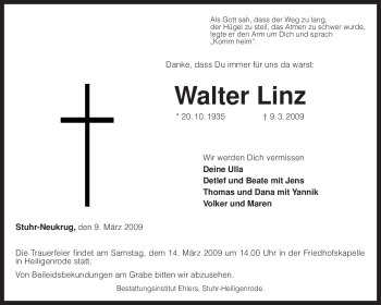 Traueranzeige von Walter Linz von KREISZEITUNG SYKE