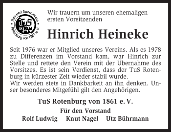 Traueranzeige von Hinrich Heineke von KREISZEITUNG SYKE