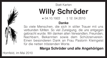 Traueranzeige von Willy Schröder von KREISZEITUNG SYKE