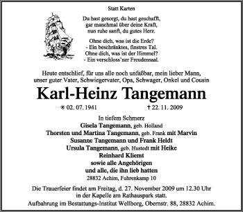 Traueranzeige von Karl-Heinz Tangemann von KREISZEITUNG SYKE