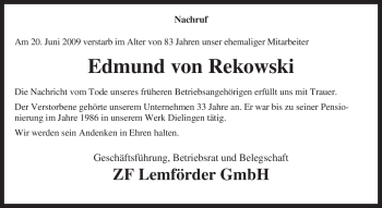 Traueranzeige von Edmund von Rekowski von KREISZEITUNG SYKE