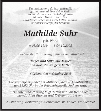 Traueranzeige von Mathilde Suhr von KREISZEITUNG SYKE