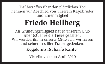 Traueranzeige von Friedo Hellberg von KREISZEITUNG SYKE