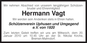 Traueranzeige von Hermann Vagt von KREISZEITUNG SYKE