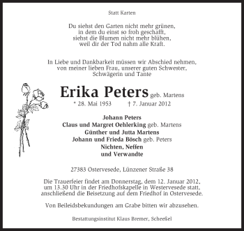 Traueranzeige von Erika Peters von KREISZEITUNG SYKE