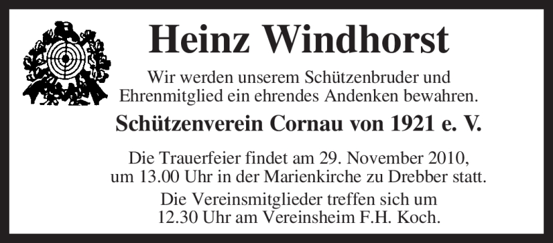  Traueranzeige für Heinz Windhorst vom 27.11.2010 aus KREISZEITUNG SYKE