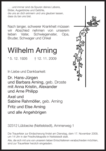 Traueranzeige von Wilhelm Arning 