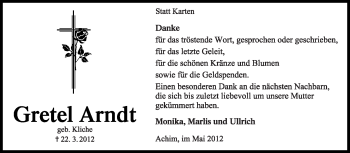 Traueranzeige von Gretel Arndt von KREISZEITUNG SYKE