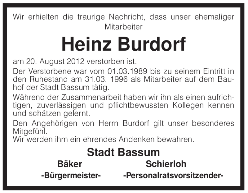  Traueranzeige für Heinz Burdorf vom 23.08.2012 aus KREISZEITUNG SYKE