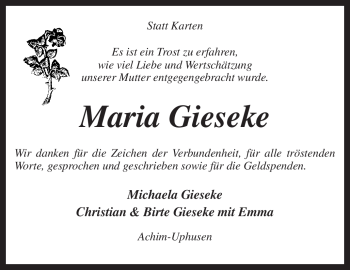 Traueranzeige von Maria Gieseke von KREISZEITUNG SYKE