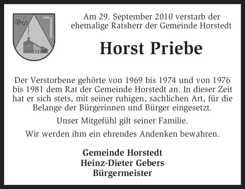  Traueranzeige für Horst Priebe vom 02.10.2010 aus KREISZEITUNG SYKE