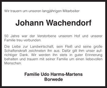 Traueranzeige von Johann Wachendorf von KREISZEITUNG SYKE