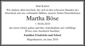 Traueranzeige von Martha Böse von KREISZEITUNG SYKE