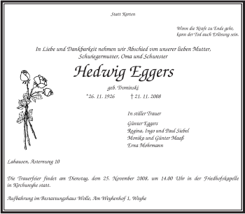 Traueranzeige von Hedwig Eggers von KREISZEITUNG SYKE