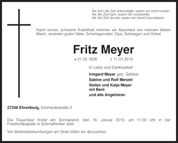 Traueranzeige von Fritz Meyer von KREISZEITUNG SYKE