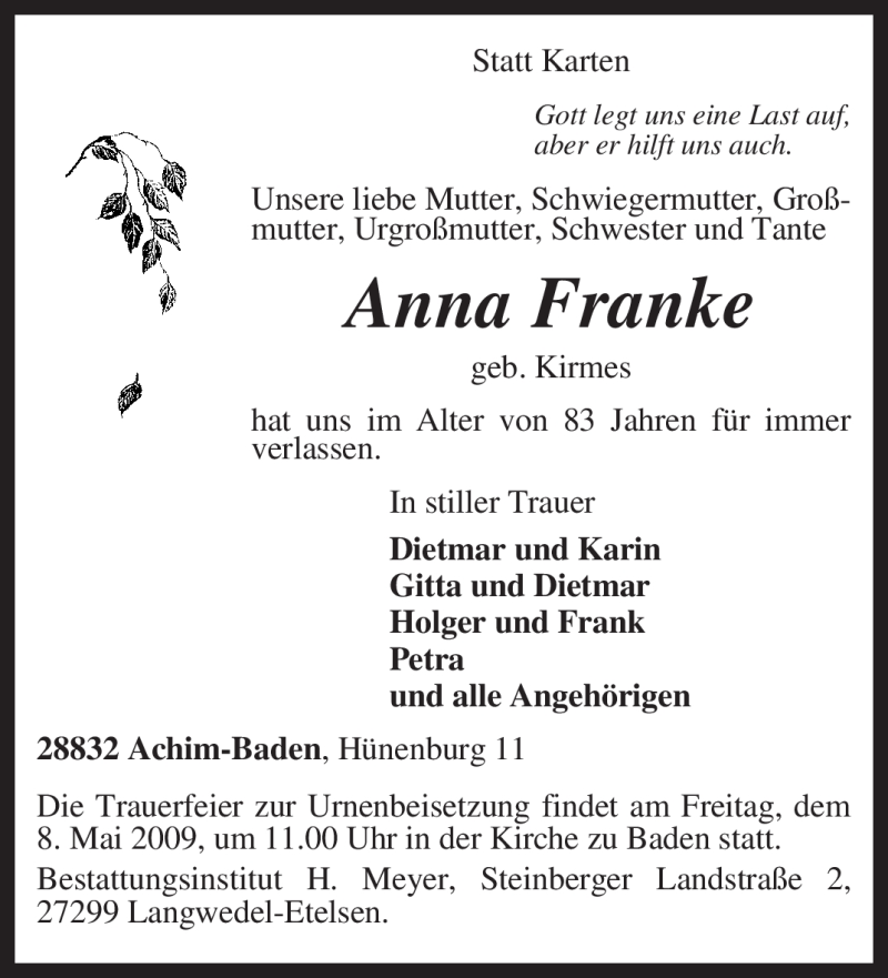  Traueranzeige für Anna Franke vom 06.05.2009 aus KREISZEITUNG SYKE