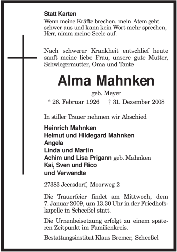 Traueranzeige von Alma Mahnken von KREISZEITUNG SYKE