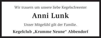 Traueranzeige von Anni Lunk von KREISZEITUNG SYKE