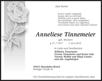 Traueranzeige von Anneliese Tinnemeier von KREISZEITUNG SYKE