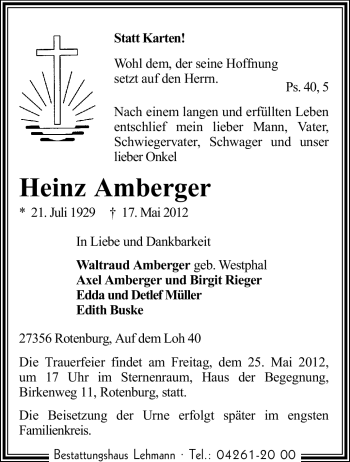 Traueranzeige von Heinz Amberger von KREISZEITUNG SYKE