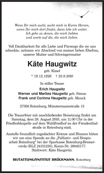 Traueranzeige von Käte Haugwitz von KREISZEITUNG SYKE