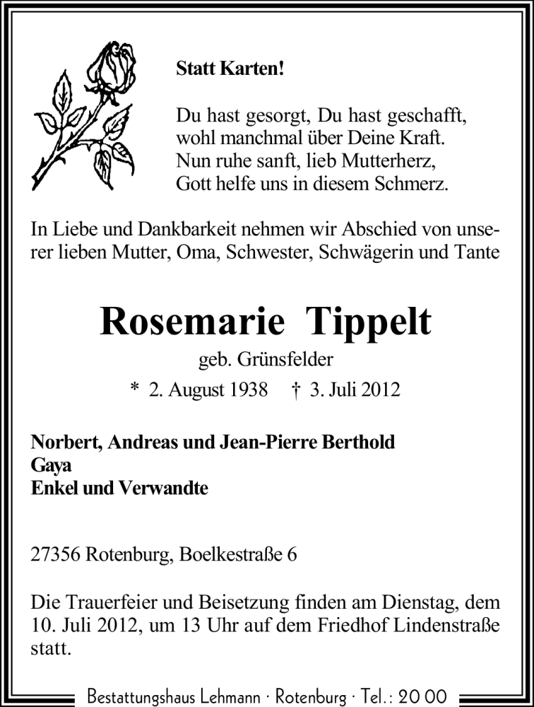  Traueranzeige für Rosemarie Tippelt vom 05.07.2012 aus KREISZEITUNG SYKE