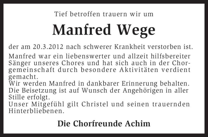  Traueranzeige für Manfred Wege vom 31.03.2012 aus KREISZEITUNG SYKE