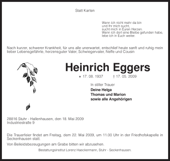 Traueranzeige von Heinrich Eggers von KREISZEITUNG SYKE