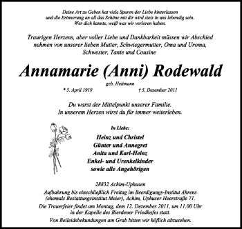 Traueranzeige von Annamarie Rodewald von KREISZEITUNG SYKE