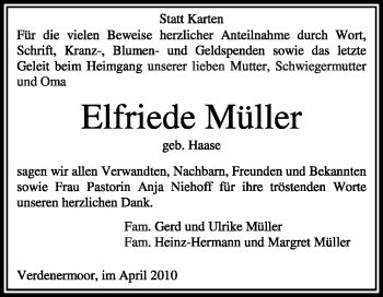 Traueranzeige von Elfriede Müller von KREISZEITUNG SYKE