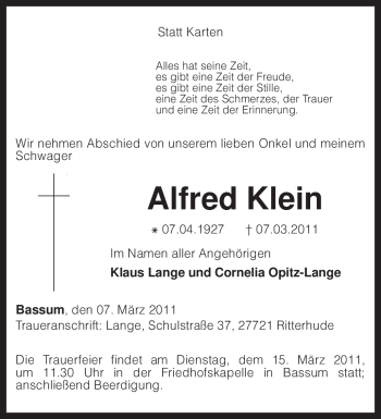 Traueranzeige von Alfred Klein von KREISZEITUNG SYKE