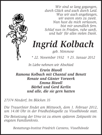 Traueranzeige von Ingrid Kolbach von KREISZEITUNG SYKE