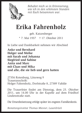 Traueranzeige von Erika Fahrenholz von KREISZEITUNG SYKE