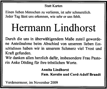 Traueranzeige von Hermann Lindhorst von KREISZEITUNG SYKE