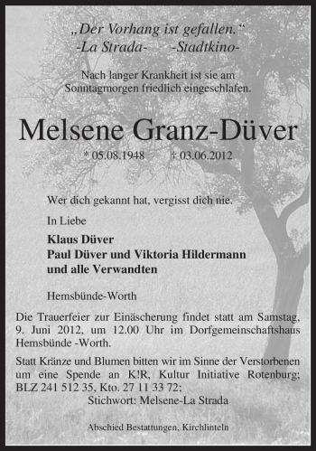 Traueranzeige von Melsene Granz-Düver von KREISZEITUNG SYKE