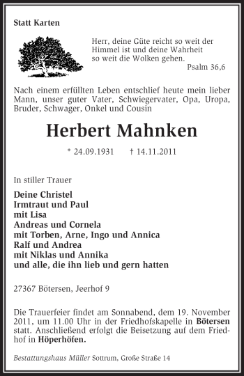 Traueranzeige von Herbert Mahnken von KREISZEITUNG SYKE