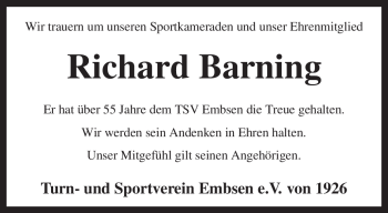 Traueranzeige von Richard Barning von KREISZEITUNG SYKE