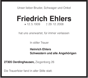 Traueranzeige von Friedrich Ehlers von KREISZEITUNG SYKE