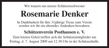 Traueranzeige von Rosemarie Denker von KREISZEITUNG SYKE