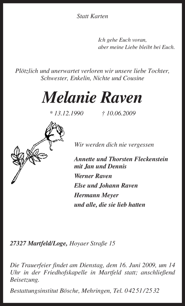  Traueranzeige für Melanie Raven vom 12.06.2009 aus KREISZEITUNG SYKE