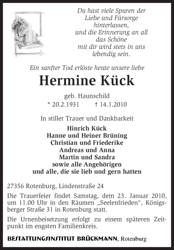 Traueranzeige von Hermine Kück von KREISZEITUNG SYKE