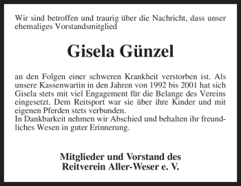 Traueranzeige von Gisela Günzel von KREISZEITUNG SYKE