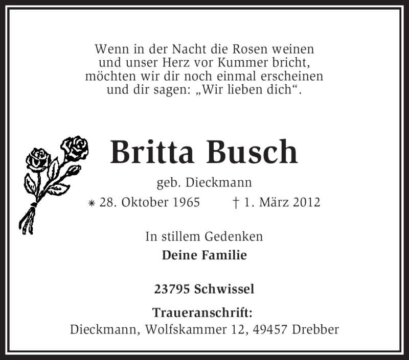  Traueranzeige für Britta Busch vom 06.03.2012 aus KREISZEITUNG SYKE