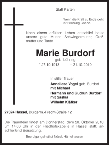 Traueranzeige von Marie Burdorf von KREISZEITUNG SYKE