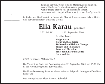 Traueranzeige von Ella Karau von KREISZEITUNG SYKE