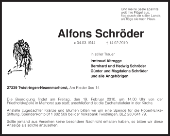 Traueranzeige von Alfons Schröder von KREISZEITUNG SYKE